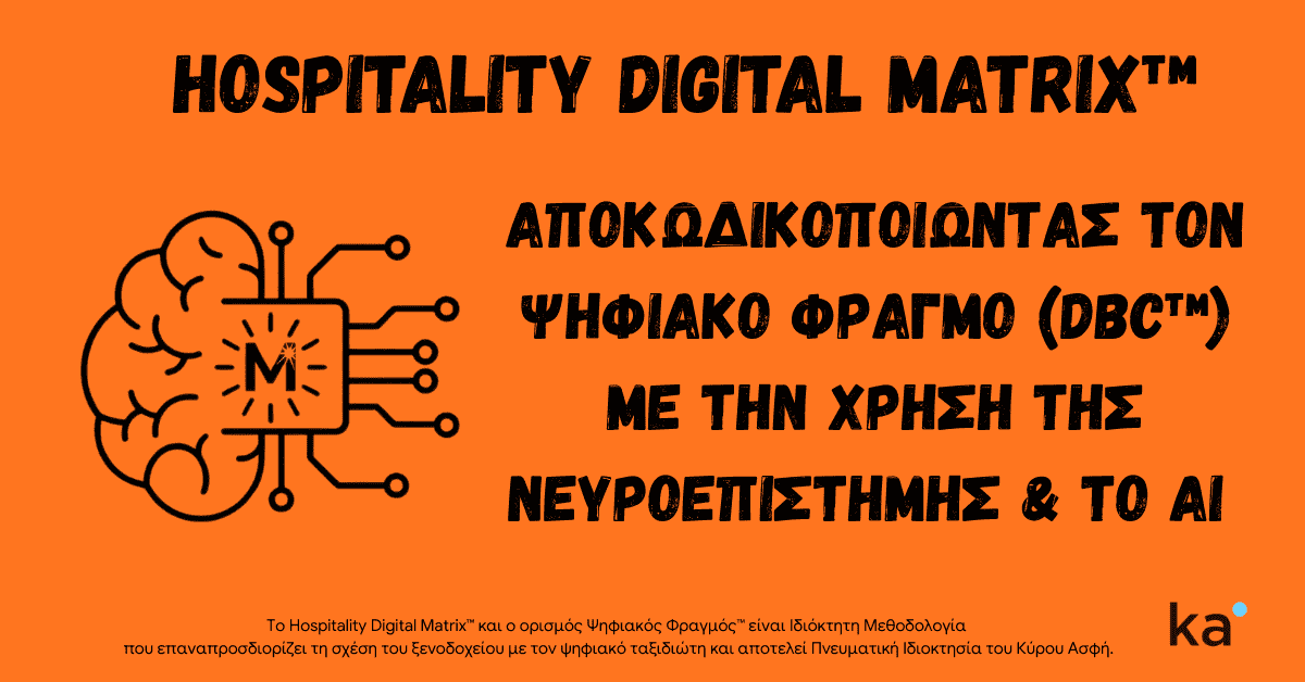 Featured image της ιδιόκτητης μεθοδολογίας Hospitality Digital Matrix™ σε πορτοκαλί φόντο, που απεικονίζει τη συγχώνευση ανθρώπινου εγκεφάλου και Τεχνητής Νοημοσύνης (AI) με το σύμβολο M (Motivation) στο κέντρο, αναδεικνύοντας τον αλγόριθμο DBC™ για ξενοδοχεία.